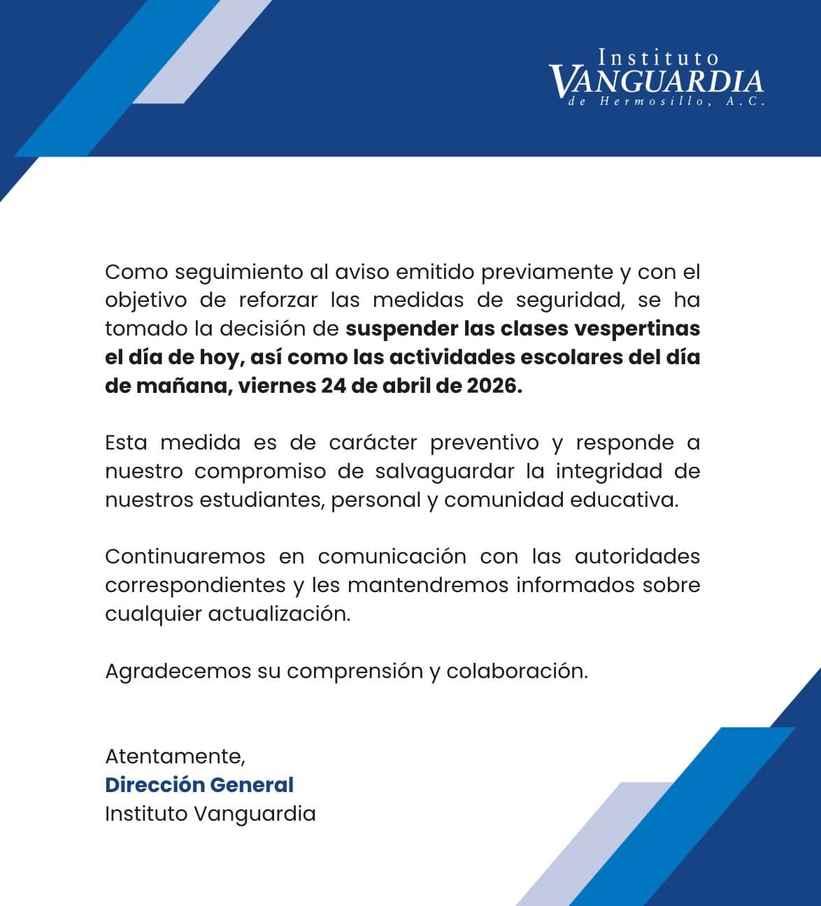 Comunicado oficial sobre la amenaza en Instituto Vanguardia de Hermosillo y suspensión de clases.