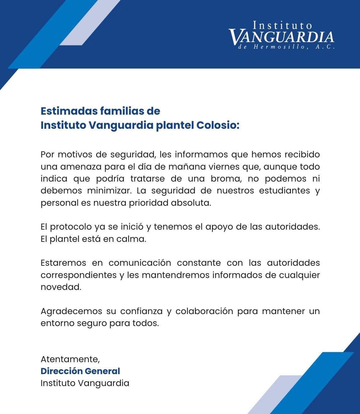 Comunicado oficial sobre la amenaza en Instituto Vanguardia de Hermosillo y suspensión de clases.
