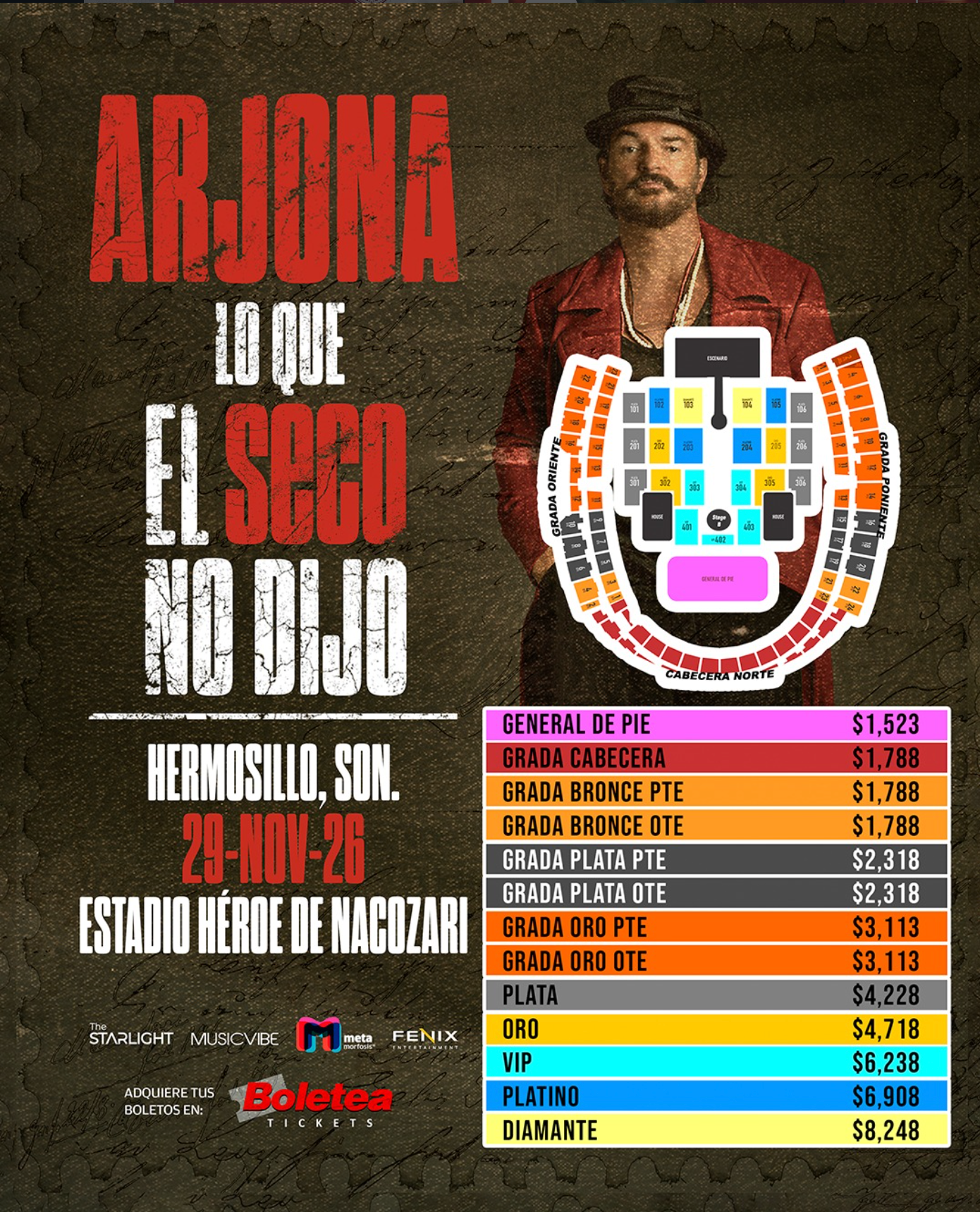 Cartel oficial con el mapa de zonas y precios para la presentación de Ricardo Arjona en Hermosillo.