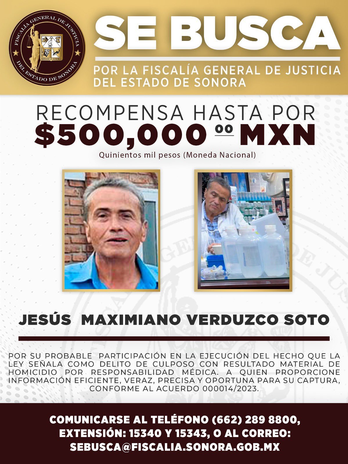 Ficha de búsqueda emitida por la Fiscalía de Sonora para localizar al médico implicado en el caso de sueros vitaminados.