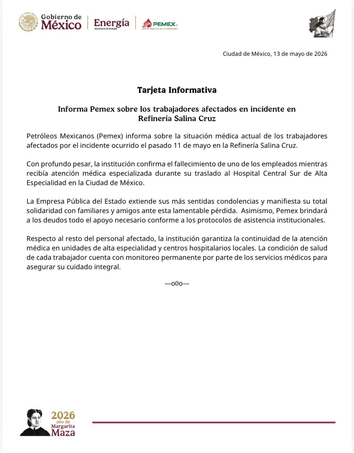 Comunicado oficial de Pemex confirmando el fallecimiento del trabajador tras el incidente en Salina Cruz.