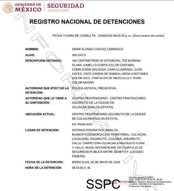 Ficha del Registro Nacional de Detenciones que confirma la captura de Omar Chávez Carrasco.
