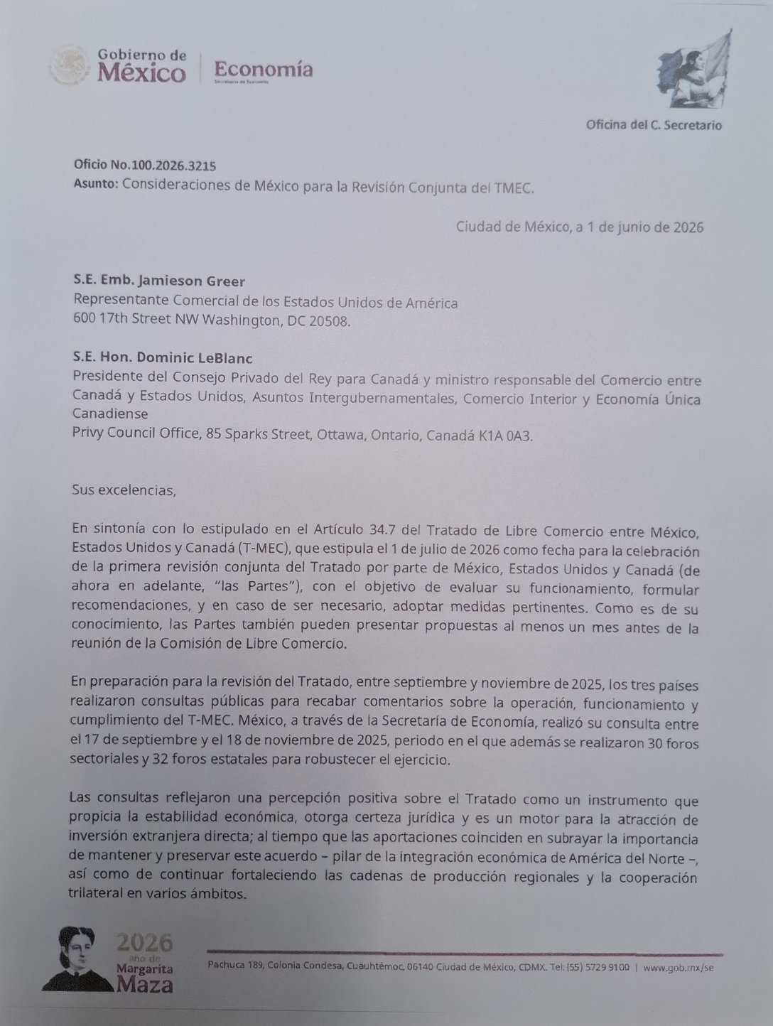 Documento oficial enviado por la Secretaría de Economía a las representaciones comerciales de Estados Unidos y Canadá.