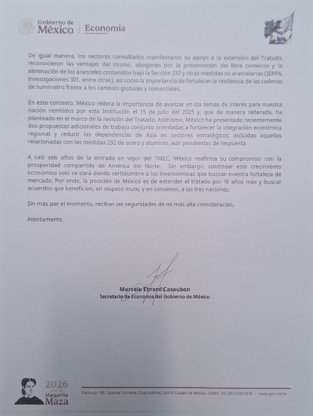 Documento oficial enviado por la Secretaría de Economía a las representaciones comerciales de Estados Unidos y Canadá.