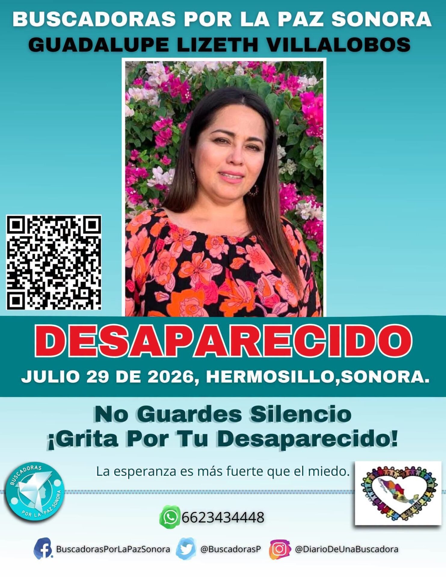 Ficha de búsqueda emitida por el colectivo Buscadoras por la Paz tras la detención de Lizeth Villalobos.