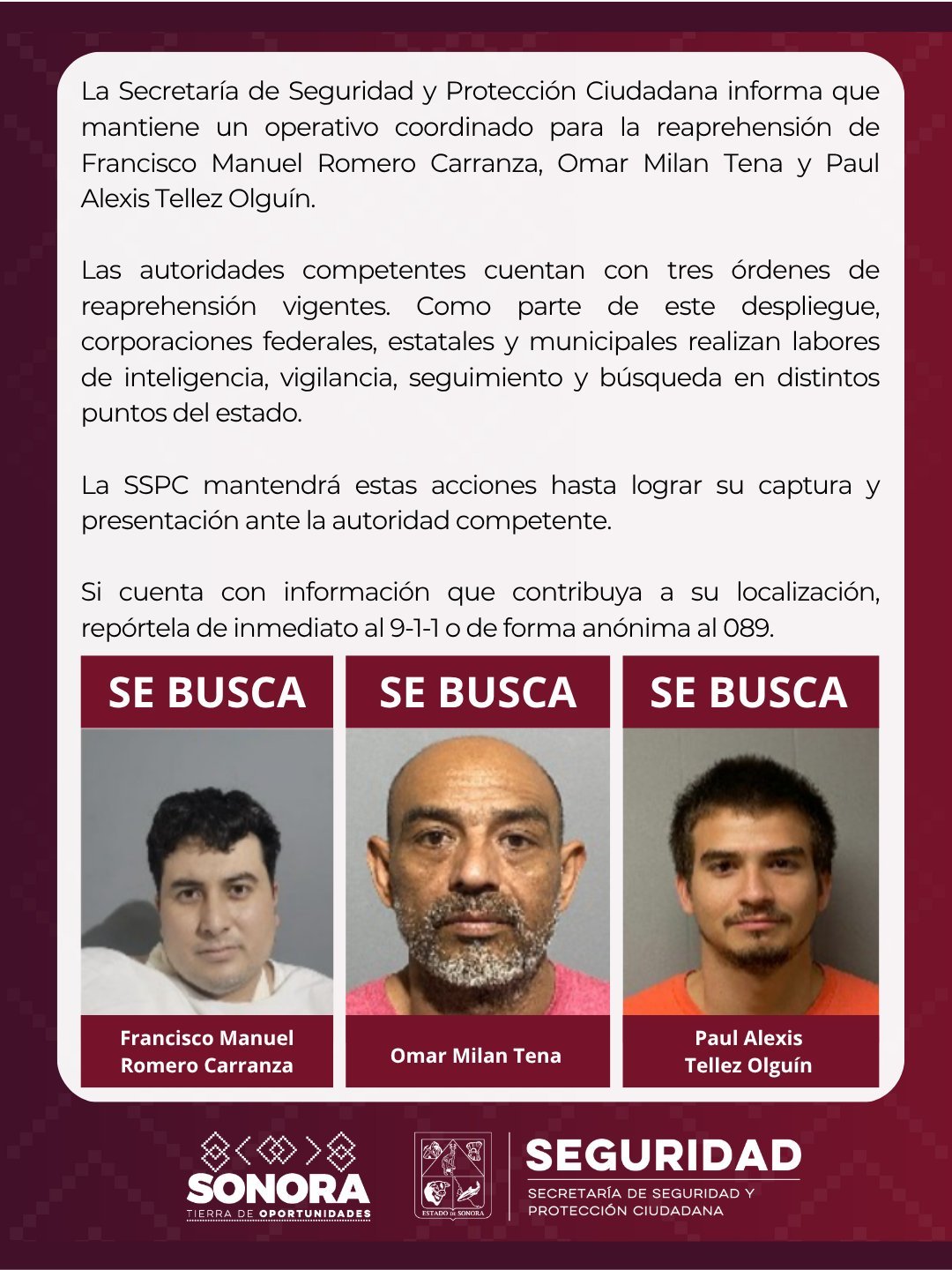 Cartel de búsqueda con las fotografías de los tres reos evadidos del penal estatal en Hermosillo.