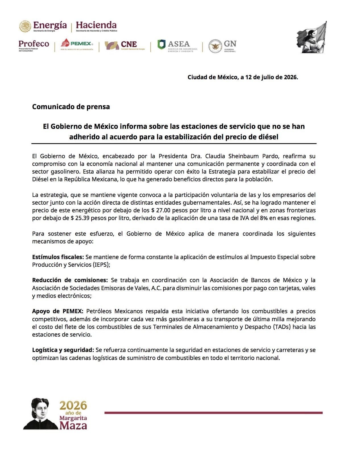 Documento oficial del Gobierno de México con el registro de estaciones de servicio que no aplican el acuerdo de precios del diésel.