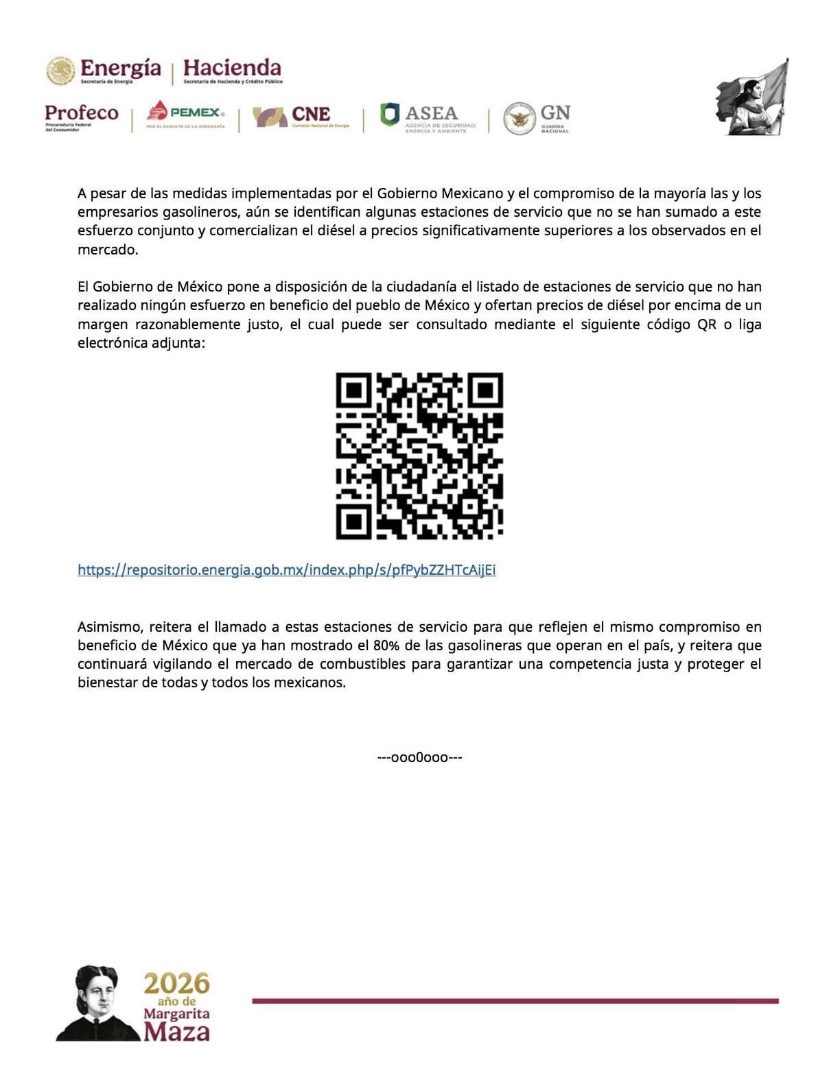 Documento oficial del Gobierno de México con el registro de estaciones de servicio que no aplican el acuerdo de precios del diésel.