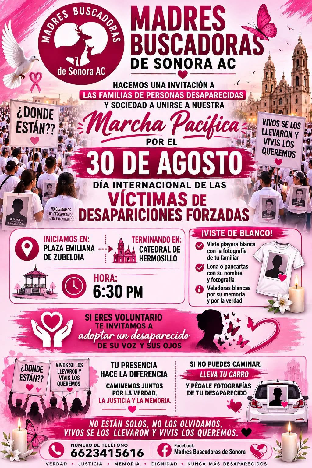 Cartel oficial de la convocatoria para la marcha pacífica del 30 de agosto organizada por Madres Buscadoras de Sonora.