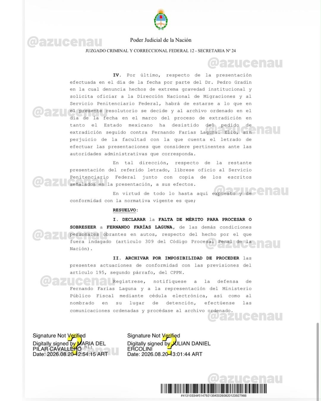 Documento oficial del Poder Judicial de Argentina con la resolución de falta de mérito a favor de Fernando Farías Laguna.